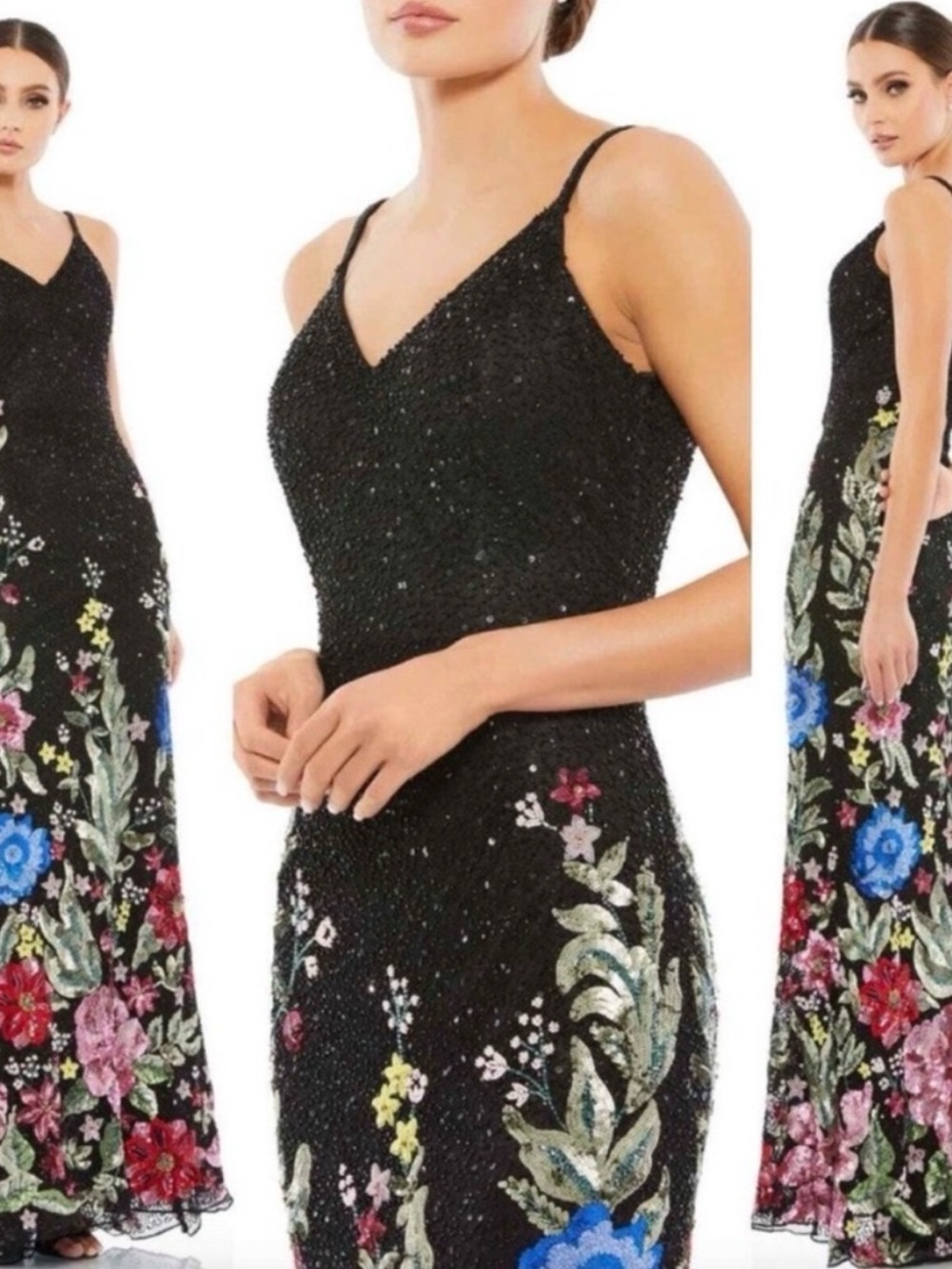 Mac Duggal Black Beaded Maxi Dress with Multicolor Floral Embroidery